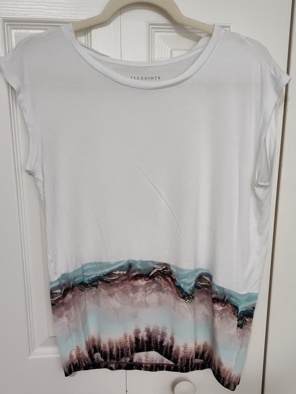 AllSaints White Tank with Blue and Brown Scenic Hem Print